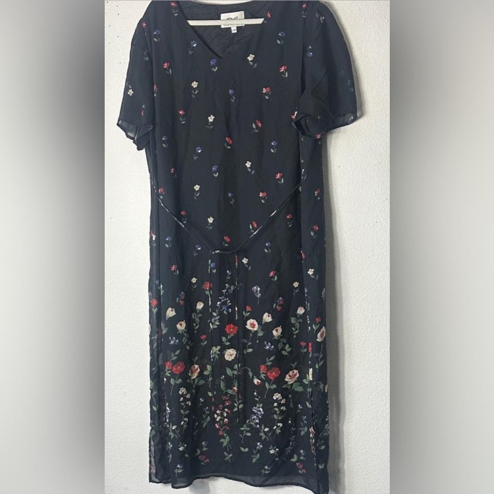 Donna Ricco lined  dress VTG Black Floral Bow tie Back 20W